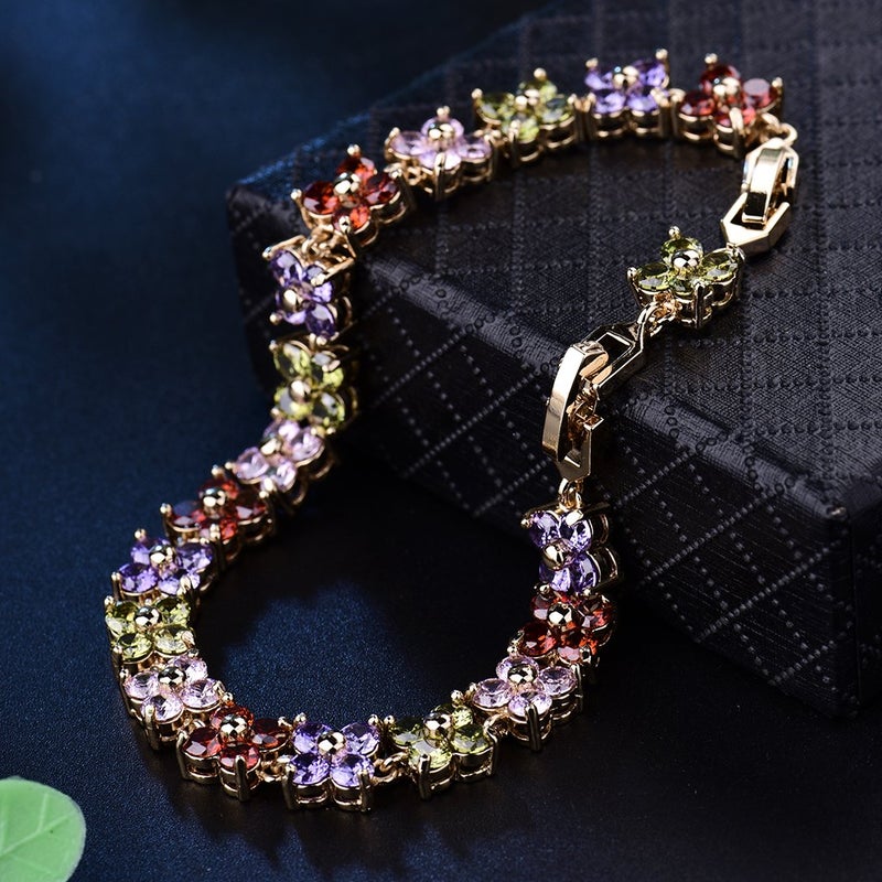GULICX Women's Gold Tone Copper Austrian Crystal Women Tennis Bracelet Multicolor - Image 4